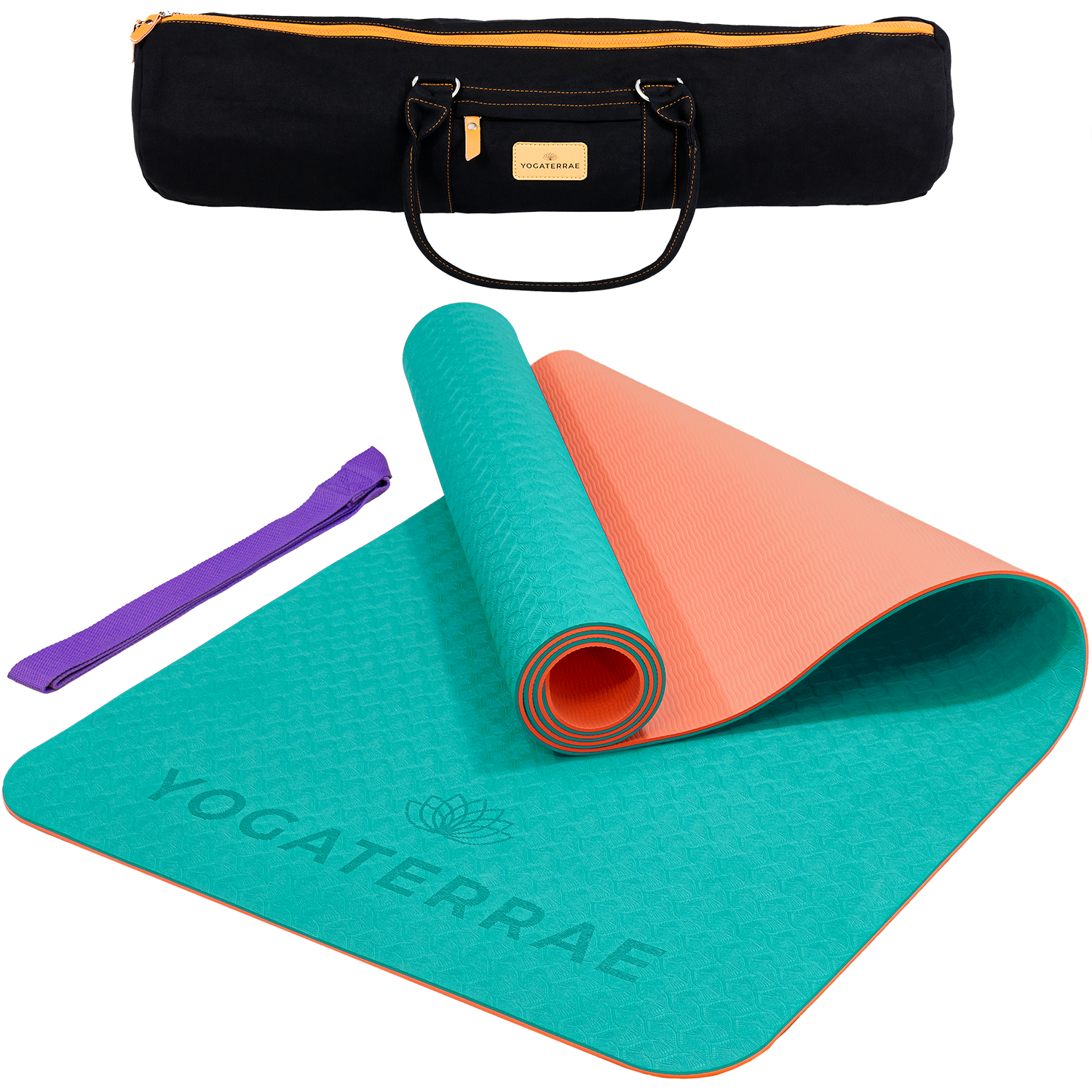 Tapis de yoga antidérapant TPE bicolore Turquoise et Corail avec sac de transport et sangle : grip haute performance et amorti optimal.
