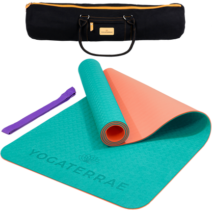 Tapis de yoga antidérapant TPE bicolore Turquoise et Corail avec sac de transport et sangle : grip haute performance et amorti optimal.