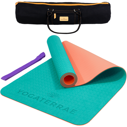 Tapis de yoga antidérapant TPE bicolore Turquoise et Corail avec sac de transport et sangle : grip haute performance et amorti optimal.