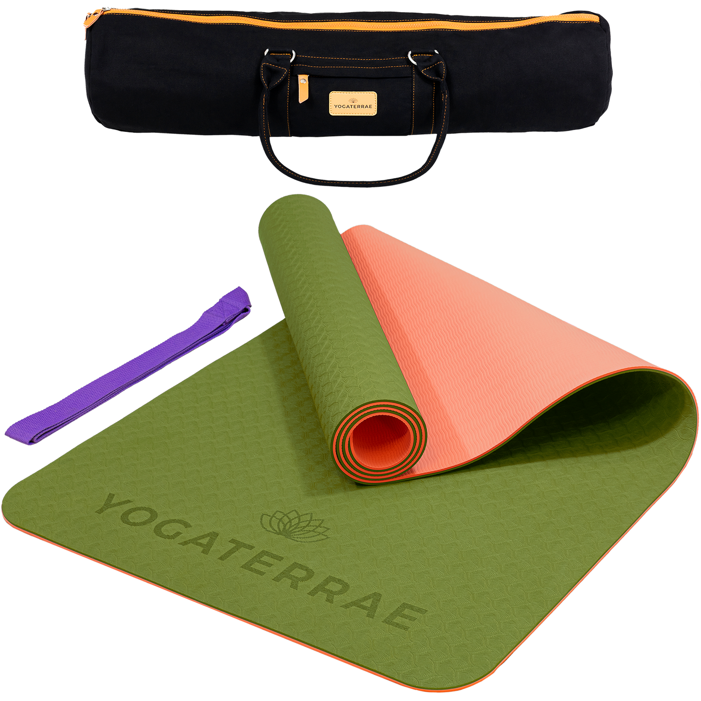 Tapis de yoga antidérapant TPE bicolore Vert Olive et Corail avec sac de transport et sangle : grip haute performance et amorti optimal.