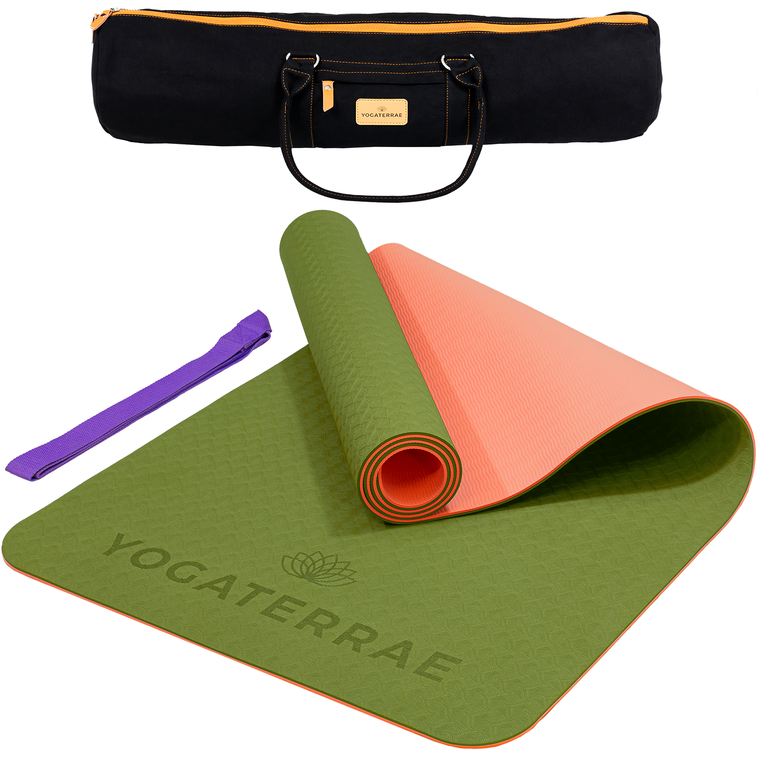 Tapis de yoga antidérapant TPE bicolore Vert Olive et Corail avec sac de transport et sangle : grip haute performance et amorti optimal.