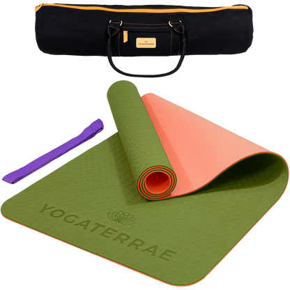 Tapis de yoga antidérapant TPE bicolore Vert Olive et Corail avec sac de transport et sangle : grip haute performance et amorti optimal.