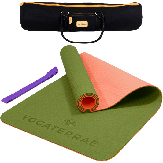 Tapis de yoga antidérapant TPE bicolore Vert Olive et Corail avec sac de transport et sangle : grip haute performance et amorti optimal.