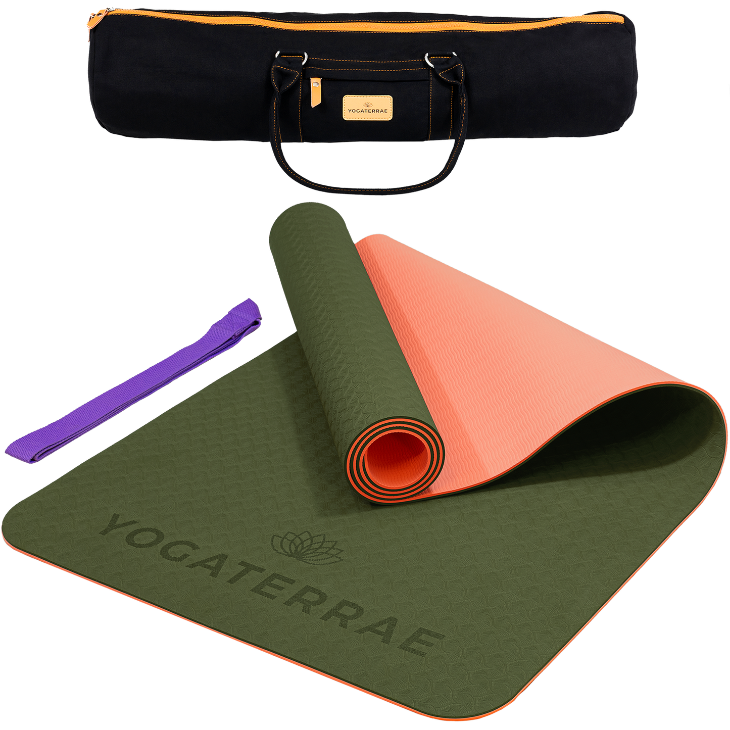 Tapis de yoga antidérapant TPE bicolore Vert Forêt et Corail avec sac de transport et sangle : grip haute performance et amorti optimal.