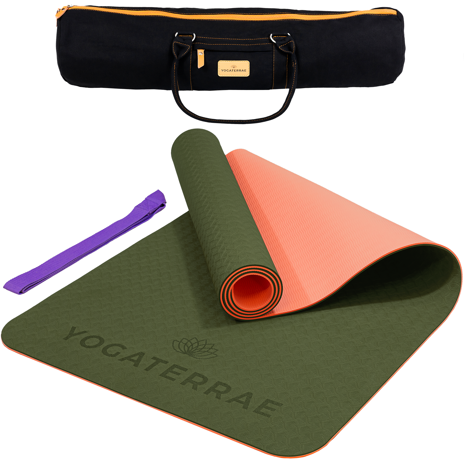 Tapis de yoga antidérapant TPE bicolore Vert Forêt et Corail avec sac de transport et sangle : grip haute performance et amorti optimal.