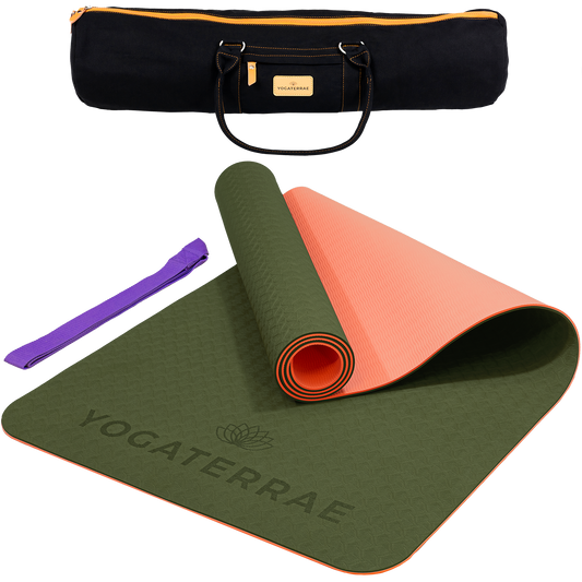 Tapis de yoga antidérapant TPE bicolore Vert Forêt et Corail avec sac de transport et sangle : grip haute performance et amorti optimal.