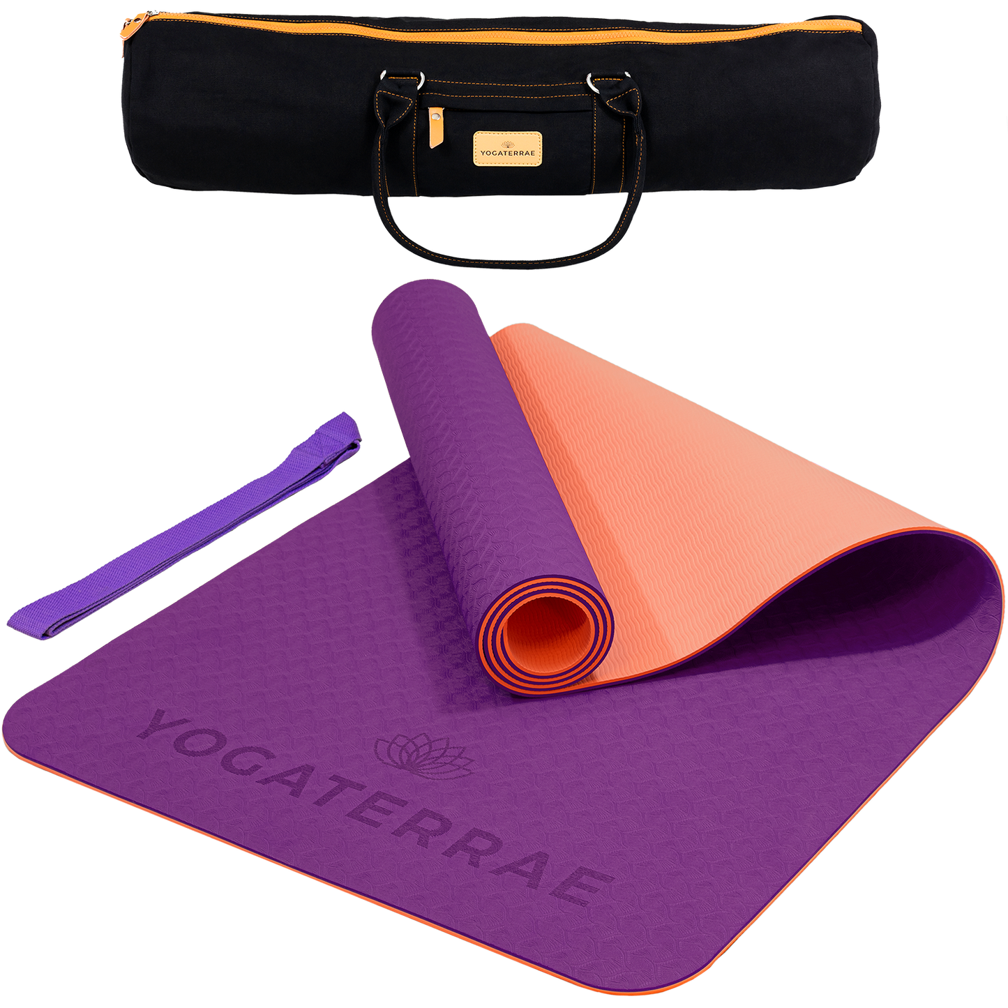 Tapis de yoga antidérapant TPE bicolore Violet et Corail avec sac de transport et sangle : grip haute performance et amorti optimal.