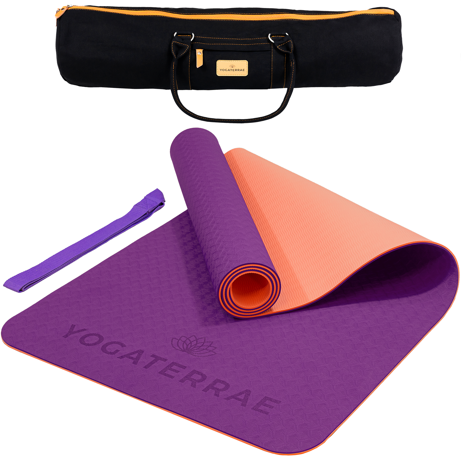 Tapis de yoga antidérapant TPE bicolore Violet et Corail avec sac de transport et sangle : grip haute performance et amorti optimal.