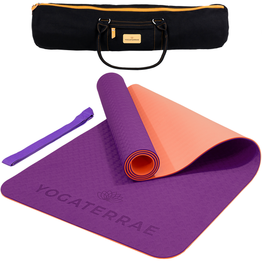 Tapis de yoga antidérapant TPE bicolore Violet et Corail avec sac de transport et sangle : grip haute performance et amorti optimal.