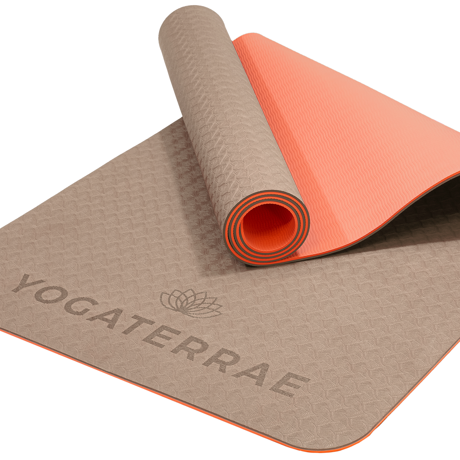 Tapis de yoga antidérapant écologique réversible Beige et Corail en TPE recyclable, sans PVC, léger avec double relief des deux côtés.
