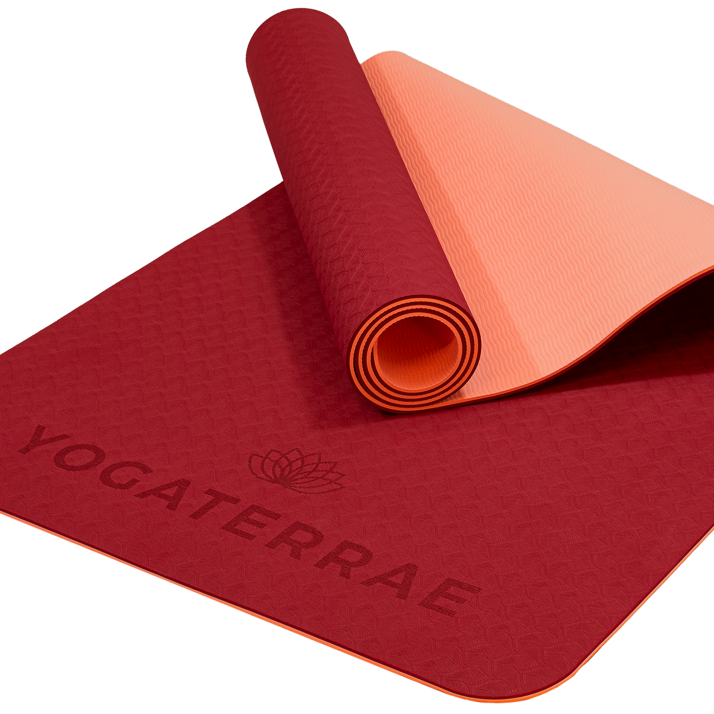 Tapis de yoga antidérapant écologique réversible Bordeaux et Corail en TPE recyclable, sans PVC, léger avec double relief des deux côtés.