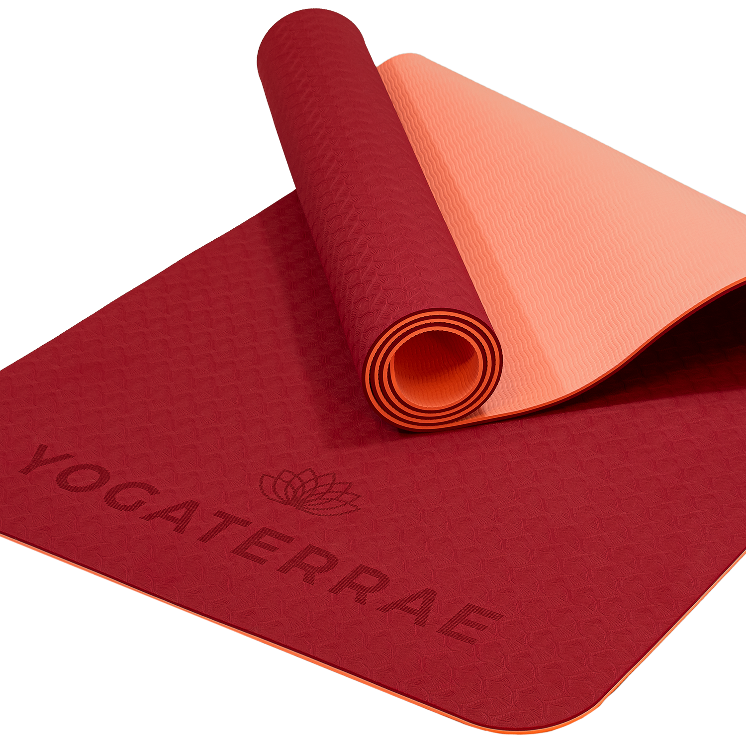 Tapis de yoga antidérapant écologique réversible Bordeaux et Corail en TPE recyclable, sans PVC, léger avec double relief des deux côtés.