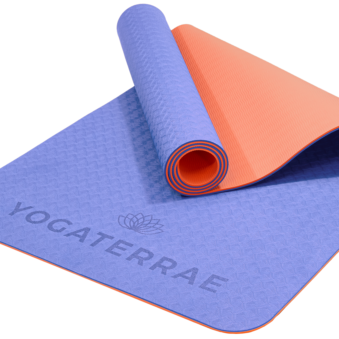 Tapis de yoga antidérapant écologique réversible Lavande et Corail en TPE recyclable, sans PVC, léger avec double relief des deux côtés.