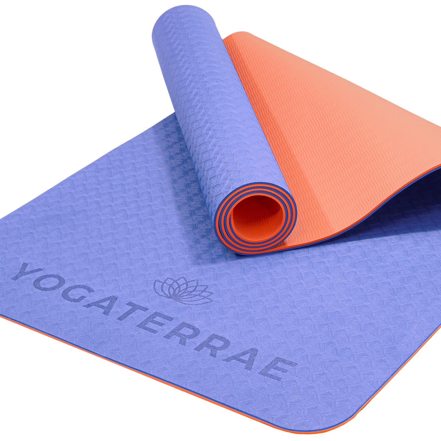 Tapis de yoga antidérapant écologique réversible Lavande et Corail en TPE recyclable, sans PVC, léger avec double relief des deux côtés.