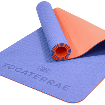Tapis de yoga antidérapant TPE écologique réversible Lavande et Corail : matière recyclable sans PVC et double relief.