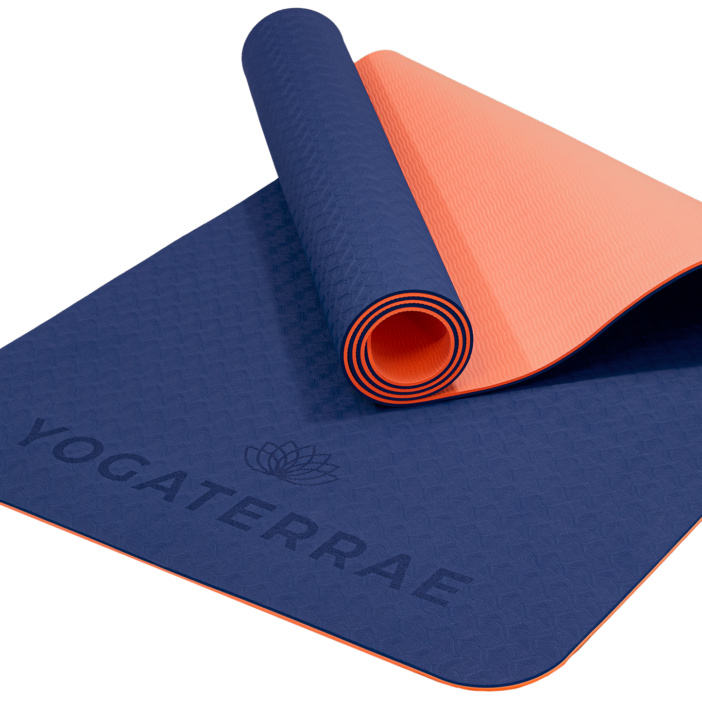 Tapis de yoga antidérapant écologique réversible Bleu Marine et Corail en TPE recyclable, sans PVC, léger avec double relief des deux côtés.