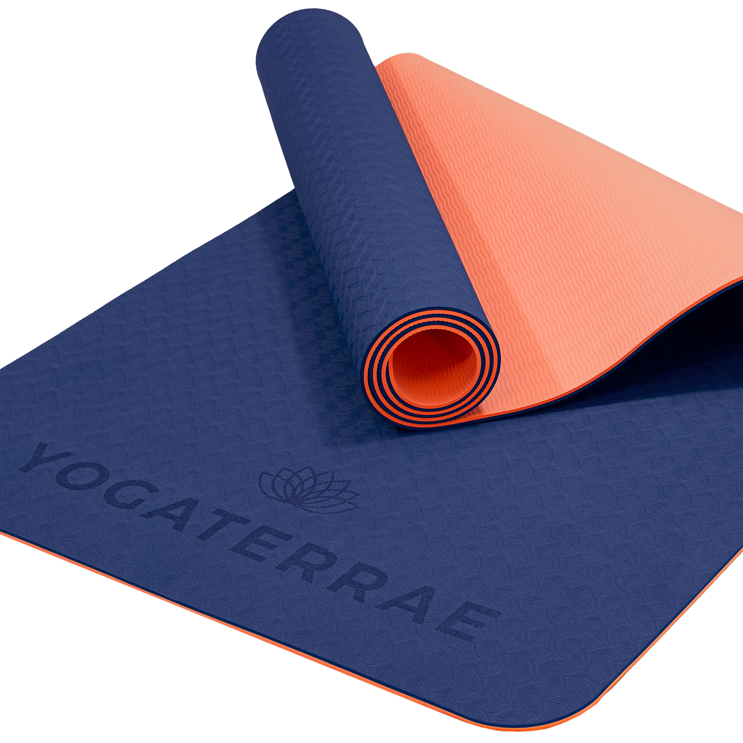 Tapis de yoga antidérapant écologique réversible Bleu Marine et Corail en TPE recyclable, sans PVC, léger avec double relief des deux côtés.