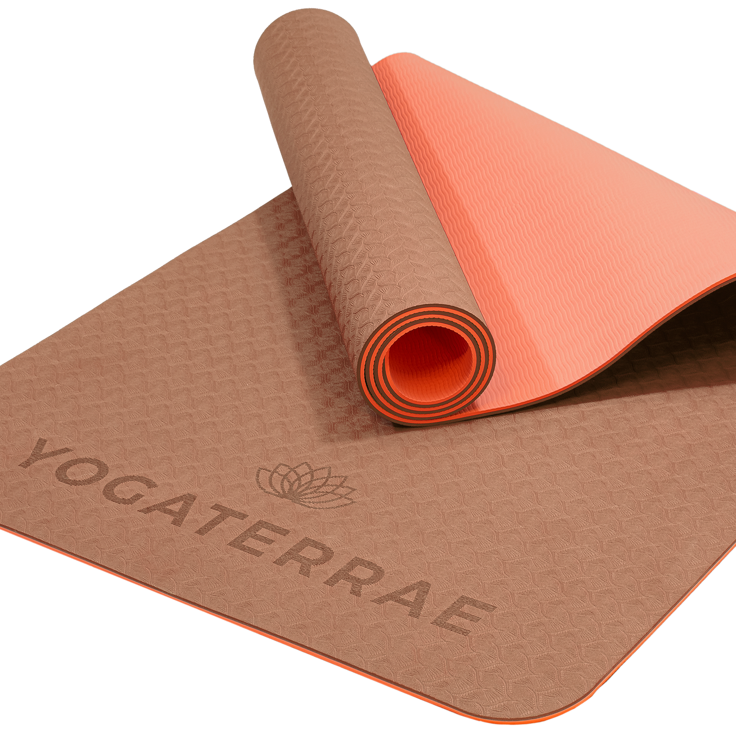 Tapis de yoga antidérapant écologique réversible Marron et Corail en TPE recyclable, sans PVC, léger avec double relief des deux côtés.