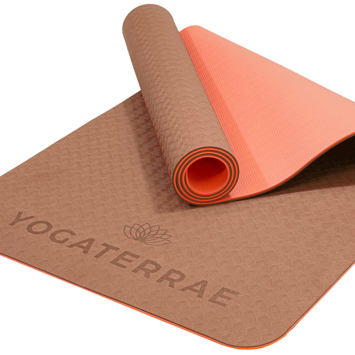 Tapis de yoga antidérapant TPE écologique réversible Marron et Corail : matière recyclable sans PVC et double relief.