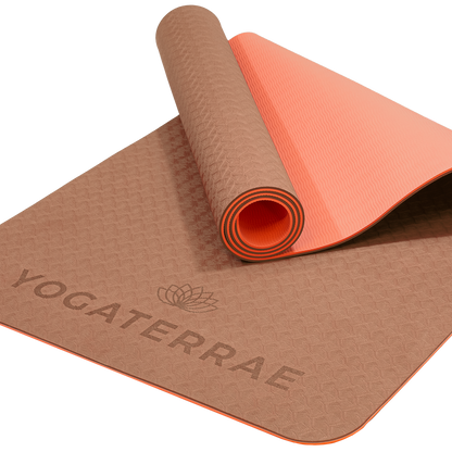 Tapis de yoga antidérapant TPE écologique réversible Marron et Corail : matière recyclable sans PVC et double relief.