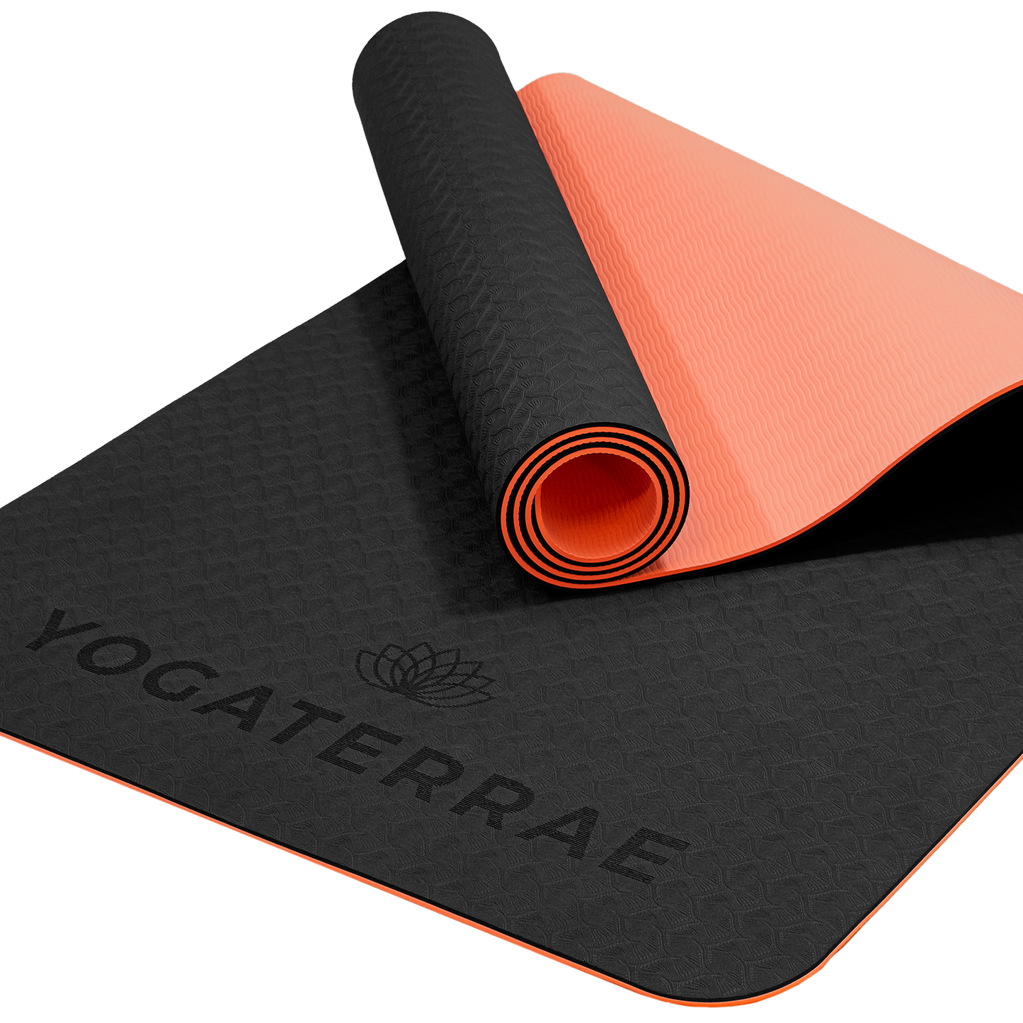 Tapis de yoga antidérapant écologique réversible Noir et Corail en TPE recyclable, sans PVC, léger avec double relief des deux côtés.
