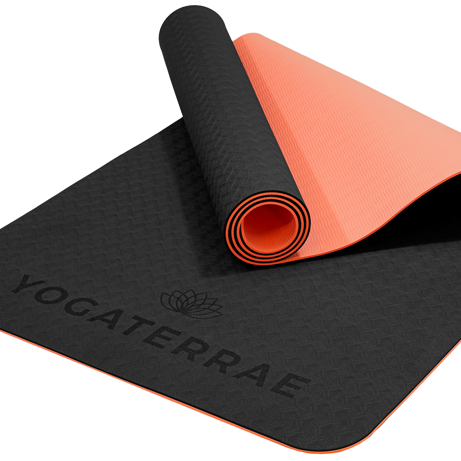 Tapis de yoga antidérapant TPE écologique réversible Noir et Corail : matière recyclable sans PVC et double relief.