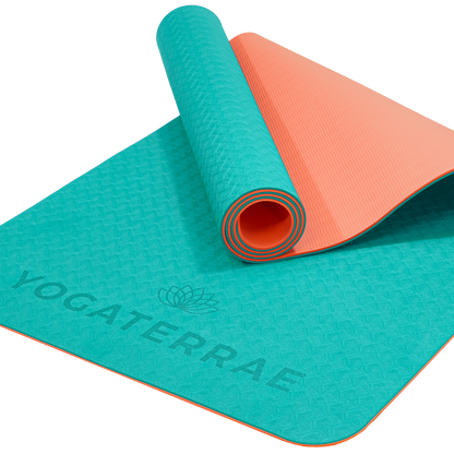 Tapis de yoga antidérapant écologique réversible Turquoise et Corail en TPE recyclable, sans PVC, léger avec double relief des deux côtés.