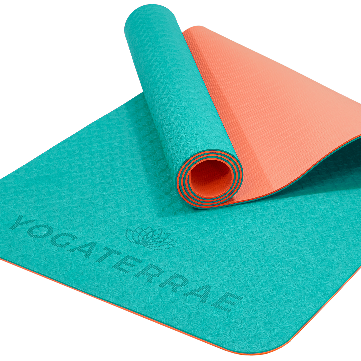 Tapis de yoga antidérapant TPE écologique réversible Turquoise et Corail : matière recyclable sans PVC et double relief.