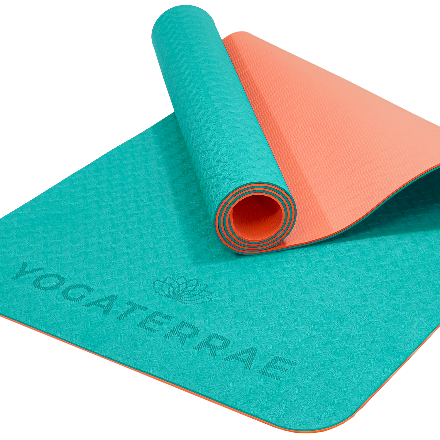 Tapis de yoga antidérapant TPE écologique réversible Turquoise et Corail : matière recyclable sans PVC et double relief.