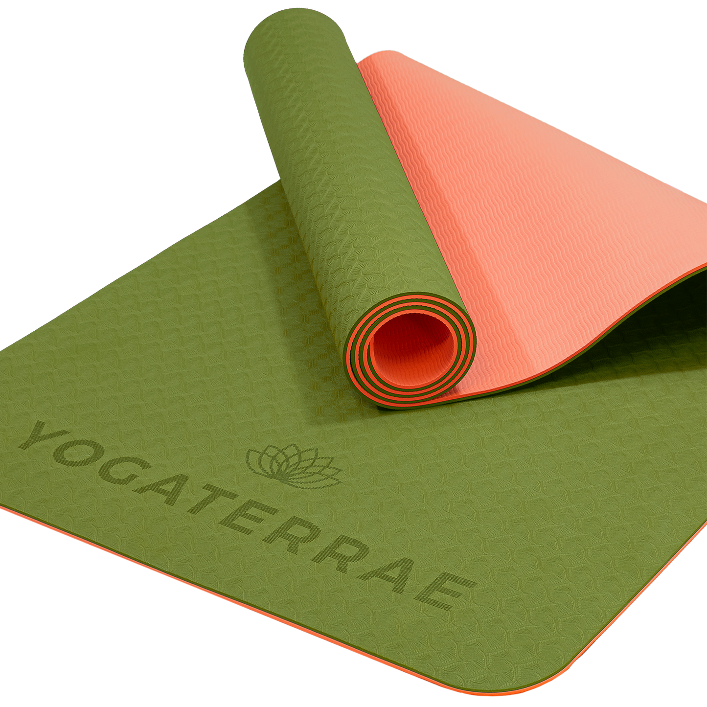 Tapis de yoga antidérapant écologique réversible Vert Olive et Corail en TPE recyclable, sans PVC, léger avec double relief des deux côtés.