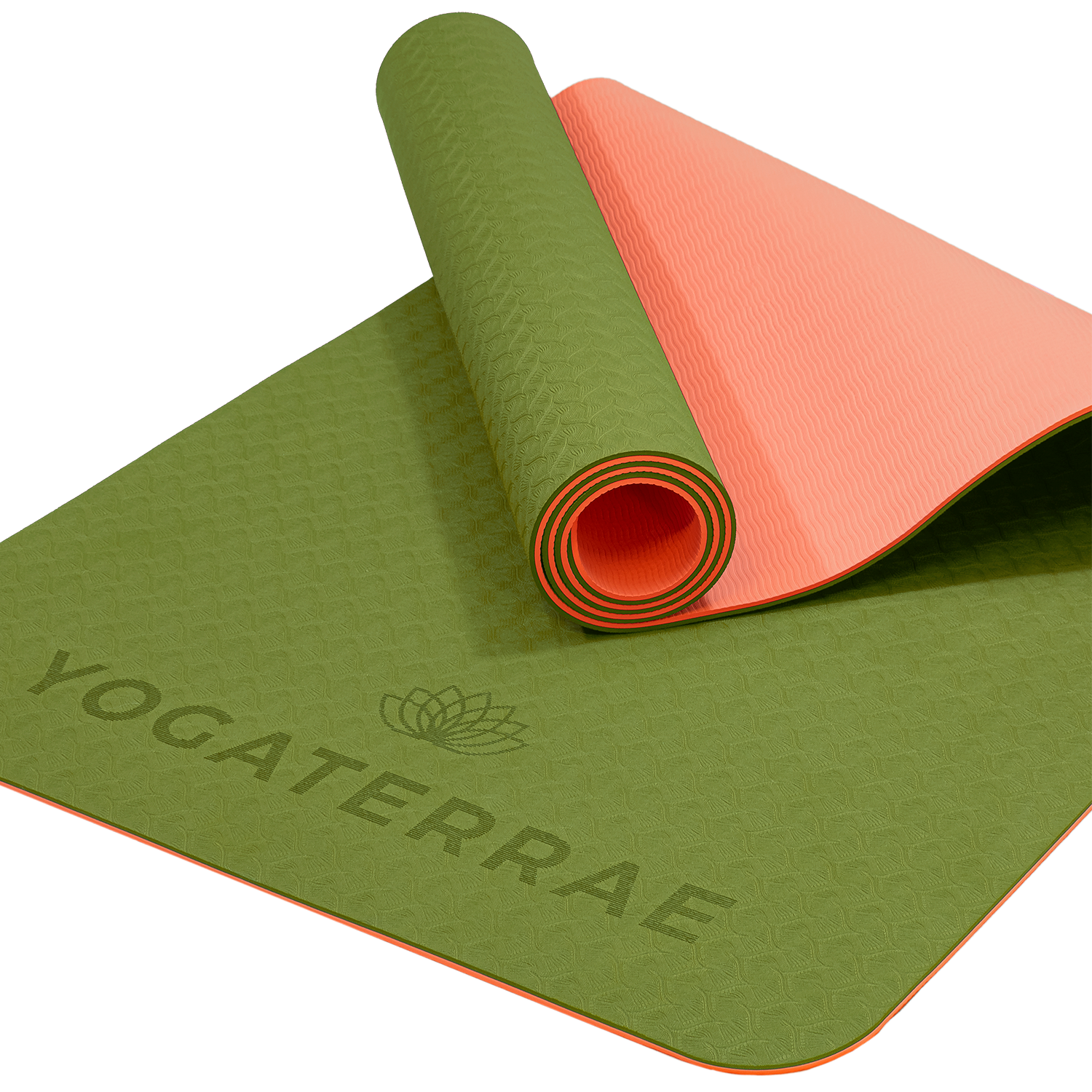 Tapis de yoga antidérapant TPE écologique réversible Vert Olive et Corail : matière recyclable sans PVC et double relief.