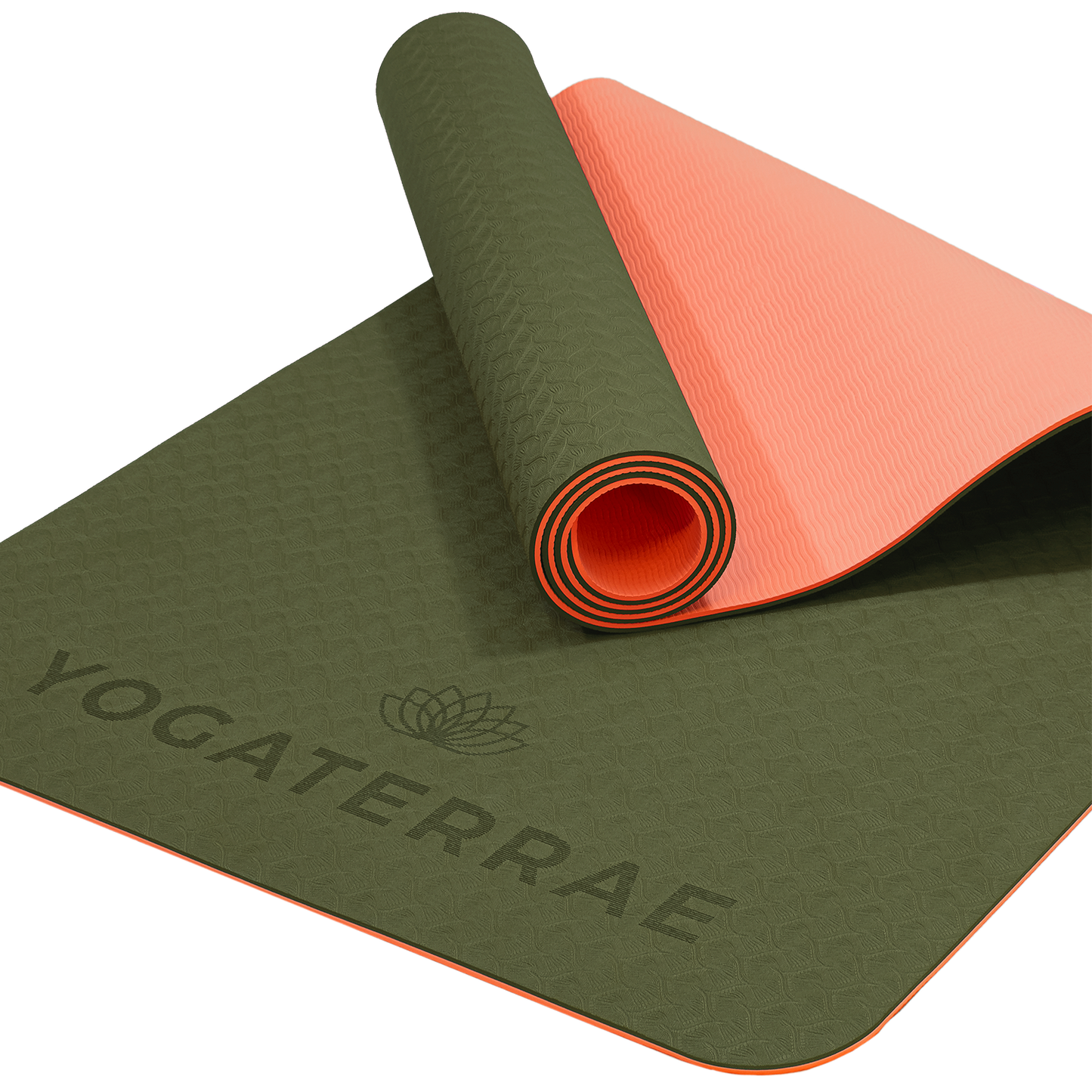 Tapis de yoga antidérapant écologique réversible Vert Forêt et Corail en TPE recyclable, sans PVC, léger avec double relief des deux côtés.