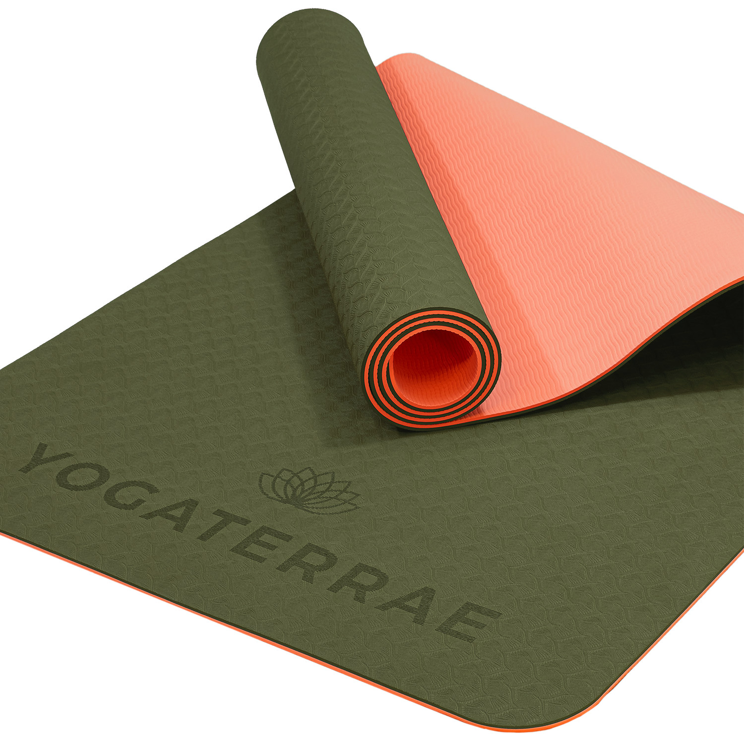 Tapis de yoga antidérapant écologique réversible Vert Forêt et Corail en TPE recyclable, sans PVC, léger avec double relief des deux côtés.