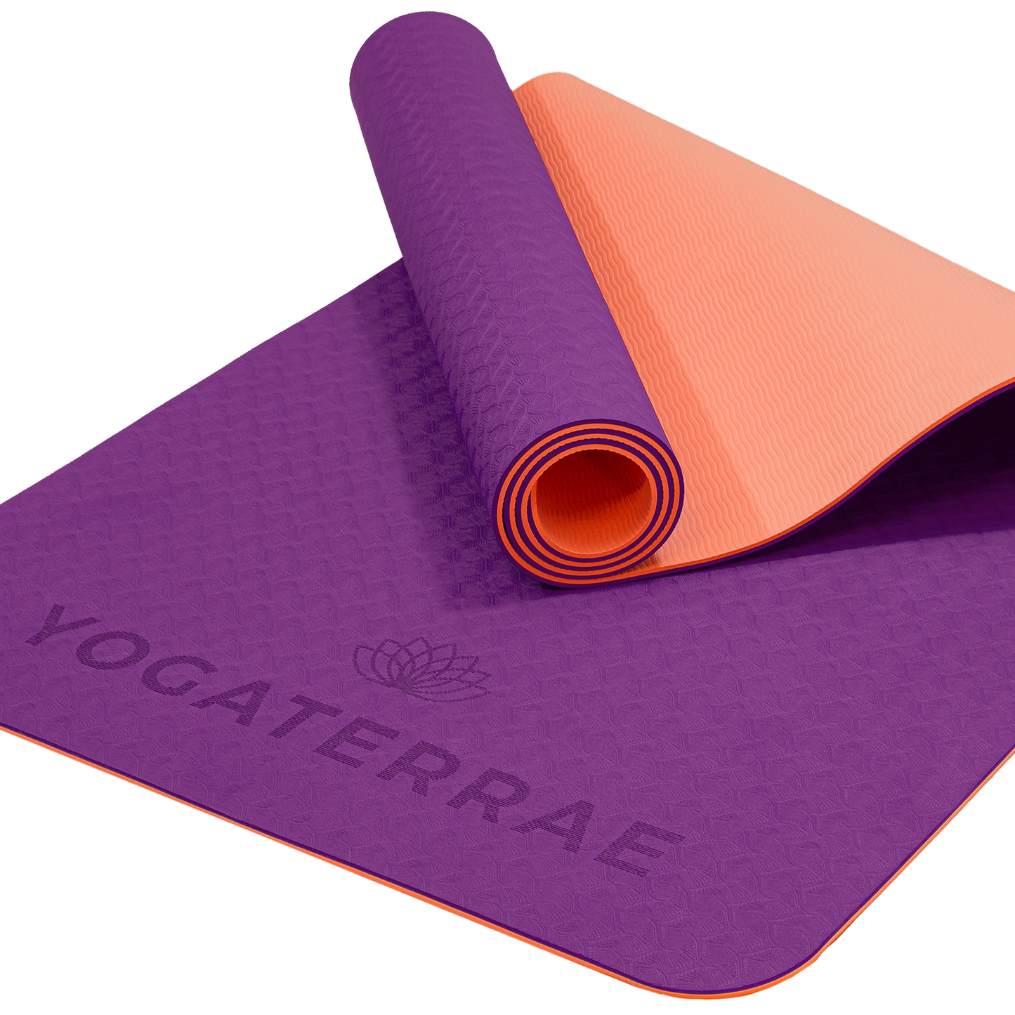 Tapis de yoga antidérapant écologique réversible Violet et Corail en TPE recyclable, sans PVC, léger avec double relief des deux côtés.