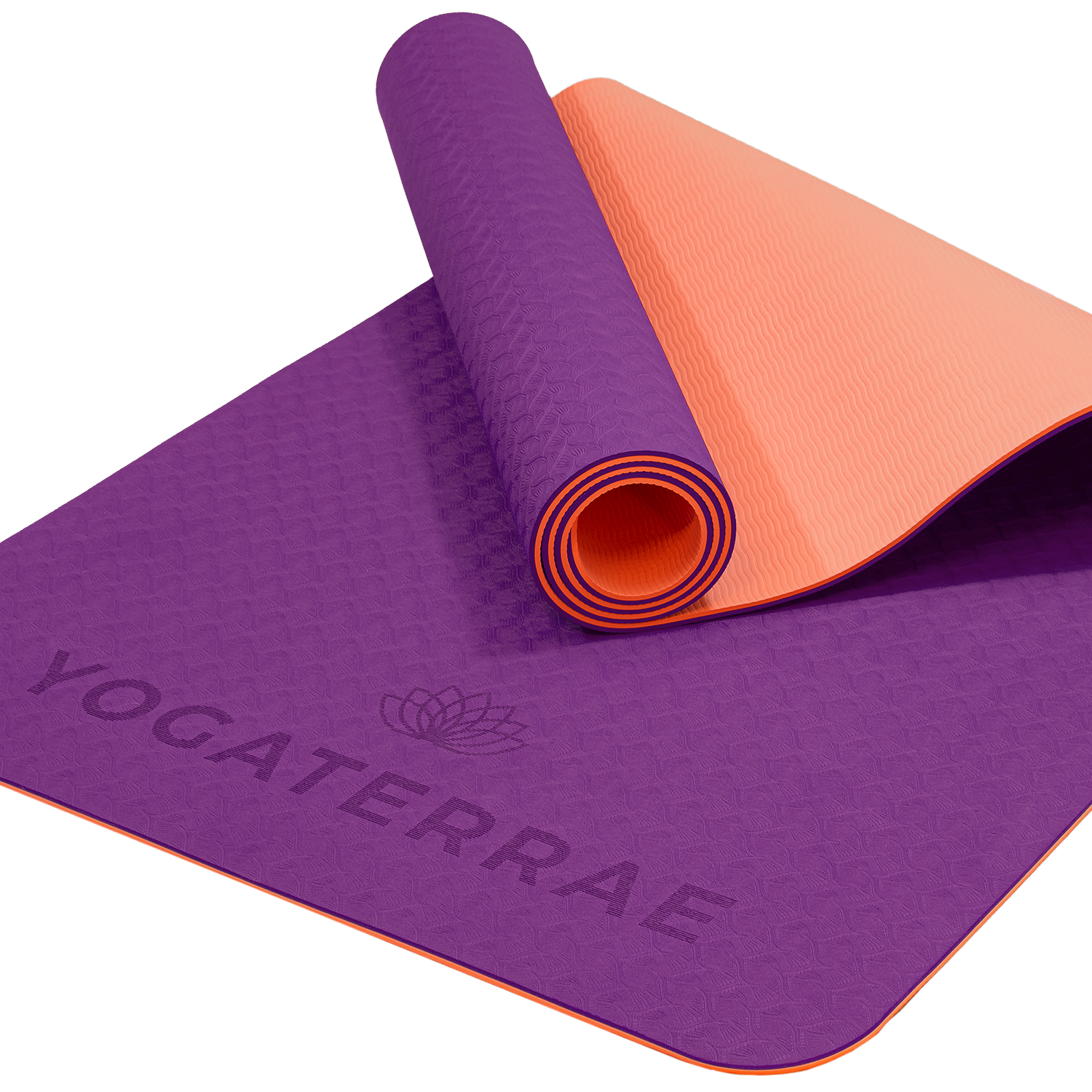 Tapis de yoga antidérapant TPE écologique réversible Violet et Corail : matière recyclable sans PVC et double relief.