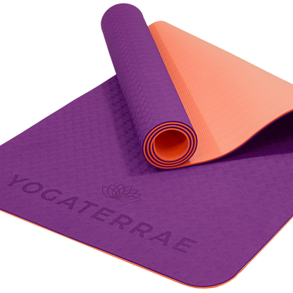 Tapis de yoga antidérapant TPE écologique réversible Violet et Corail : matière recyclable sans PVC et double relief.
