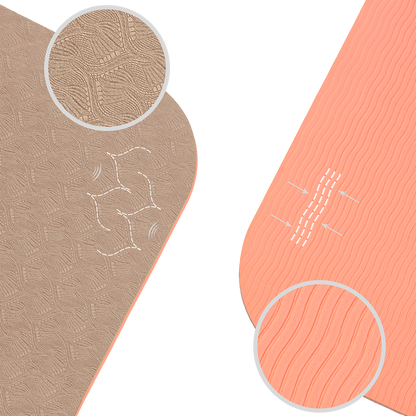 Tapis de yoga antidérapant en TPE Beige et Corail : schéma technique démontrant l'aspect antidérapant haute adhérence, ultra léger et facile à transporter.