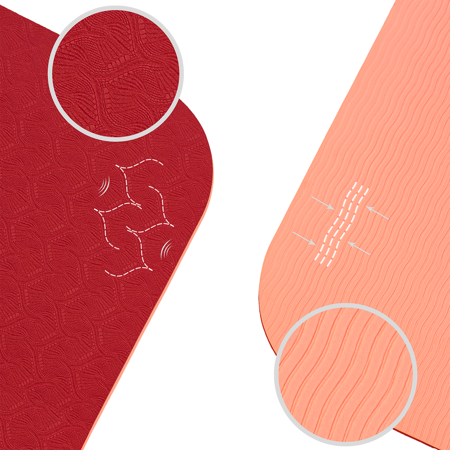 Tapis de yoga antidérapant en TPE Bordeaux et Corail : schéma technique démontrant l'aspect antidérapant haute adhérence, ultra léger et facile à transporter.