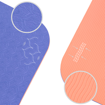 Tapis de yoga antidérapant en TPE Lavande et Corail : schéma technique démontrant l'aspect antidérapant haute adhérence, ultra léger et facile à transporter.