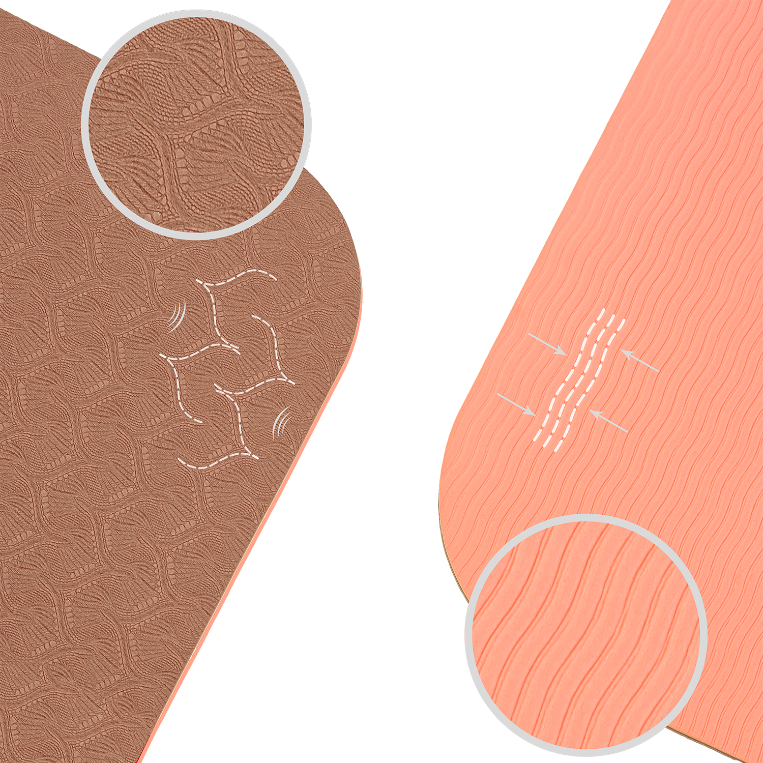 Tapis de yoga antidérapant TPE Marron et Corail : schéma technique démontrant l'adhérence et la légèreté.