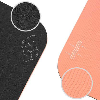 Tapis de yoga antidérapant en TPE Noir et Corail : schéma technique démontrant l'aspect antidérapant haute adhérence, ultra léger et facile à transporter.
