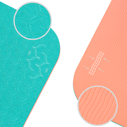 Tapis de yoga antidérapant en TPE Turquoise et Corail : schéma technique démontrant l'aspect antidérapant haute adhérence, ultra léger et facile à transporter.
