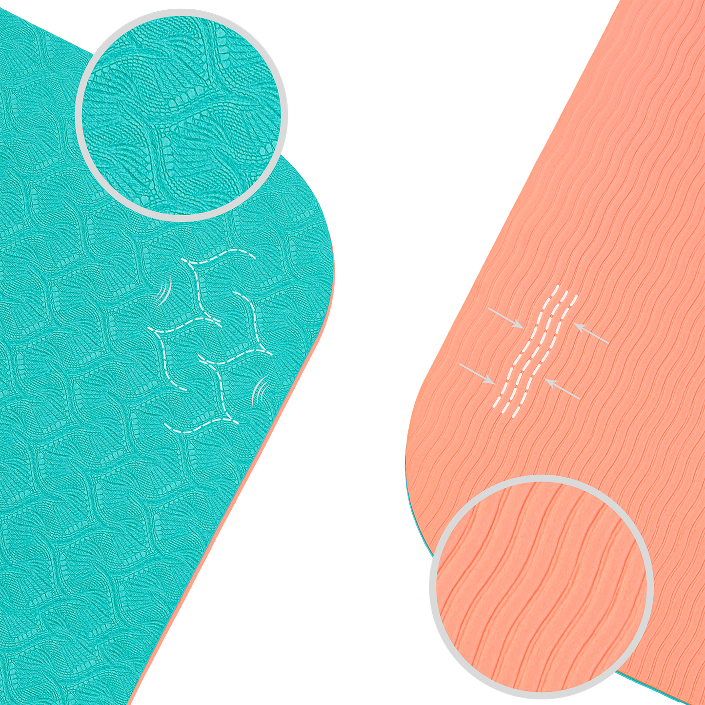 Tapis de yoga antidérapant TPE Turquoise et Corail : schéma technique démontrant l'adhérence et la légèreté.