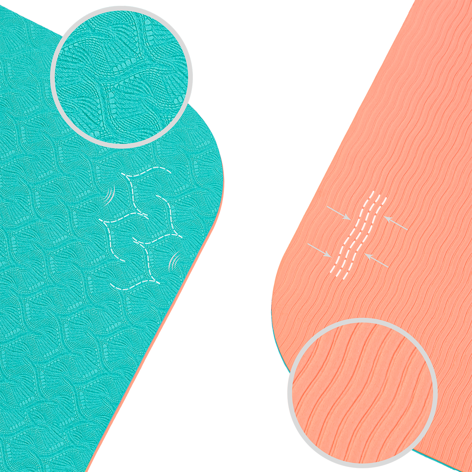 Tapis de yoga antidérapant TPE Turquoise et Corail : schéma technique démontrant l'adhérence et la légèreté.