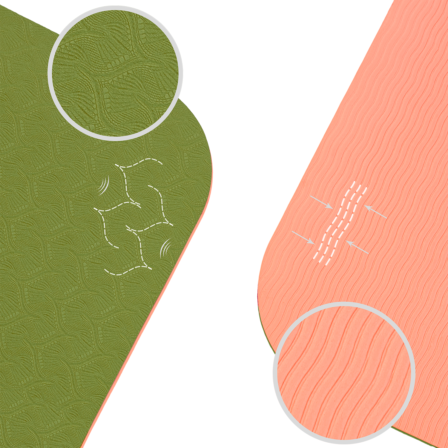 Tapis de yoga antidérapant TPE Vert Olive et Corail : schéma technique démontrant l'adhérence et la légèreté.