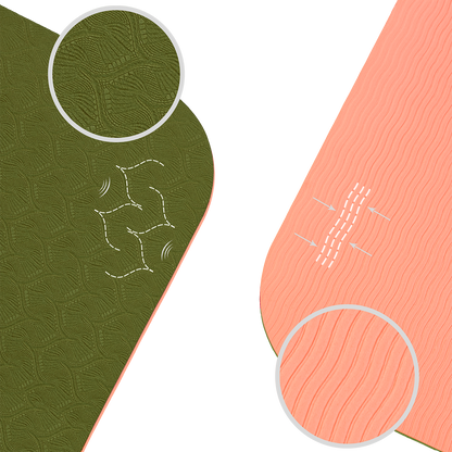 Tapis de yoga antidérapant en TPE Vert Forêt et Corail : schéma technique démontrant l'aspect antidérapant haute adhérence, ultra léger et facile à transporter.