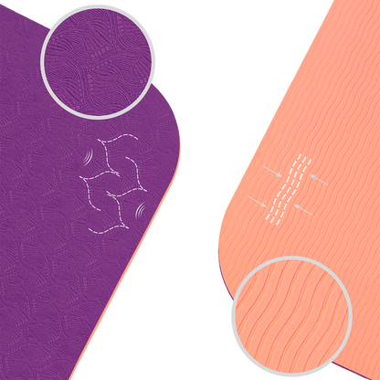 Tapis de yoga antidérapant en TPE Violet et Corail : schéma technique démontrant l'aspect antidérapant haute adhérence, ultra léger et facile à transporter.