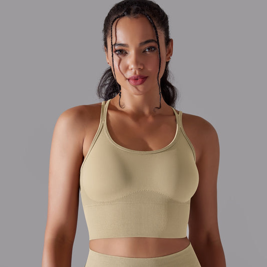 BRASSIÈRE DE SPORT YOGA, PILATES & FITNESS, BEIGE NATURE