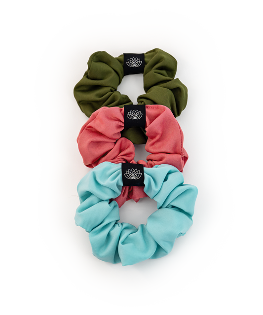 SET 3 CHOUCHOUS TURQUOISE - KAKI - ROSE TISSUS DOUX EXTENSIBLE