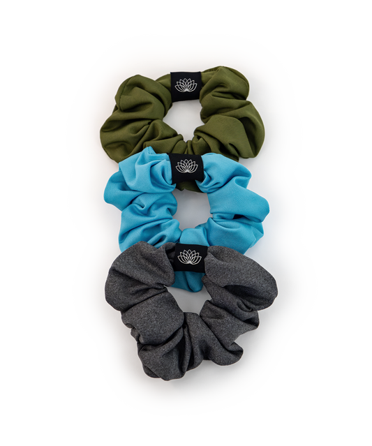 SET 3 CHOUCHOUS KAKI - GRIS CHINÉ - BLEU TISSUS DOUX EXTENSIBLE